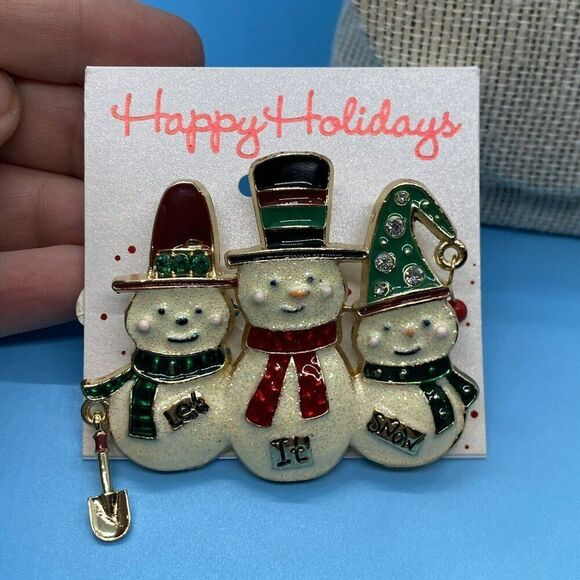 Happy Holidays Christmas Brooch w/Three Snowmen Let It Snow 2.5” x‎ 2” Winter - Picture 2 of 3
